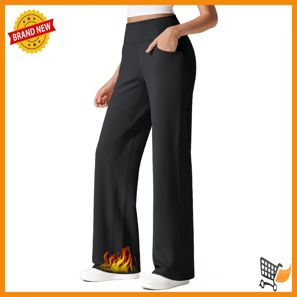 Fleece Lined Wide Leg Sweatpants High Waisted Winter Work Trousers With Pockets